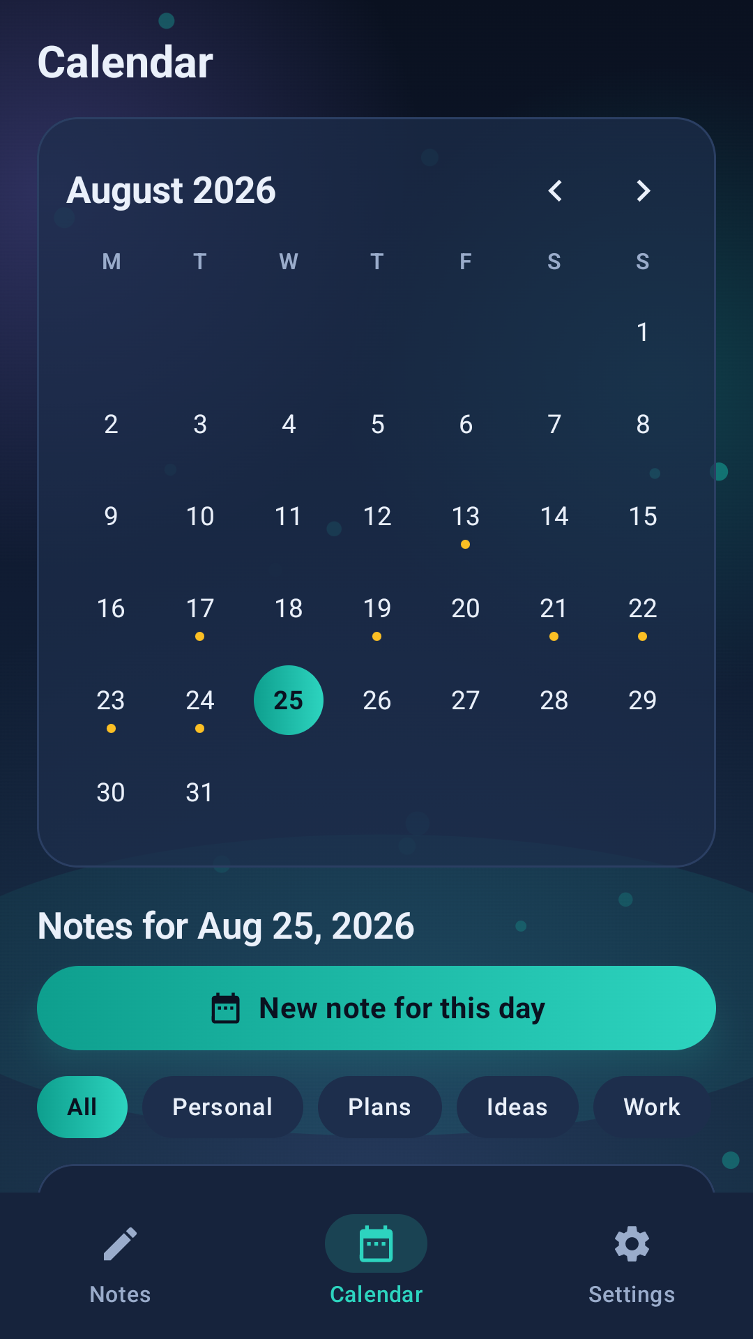 Pure Note Journal calendar screen
