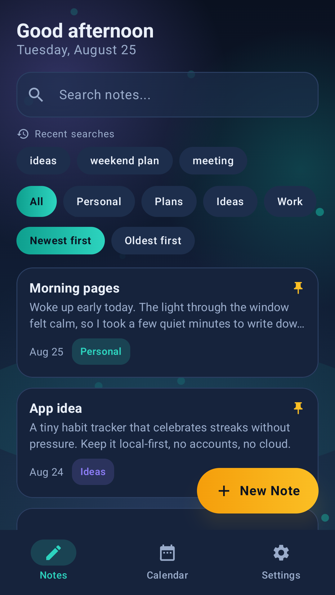 Pure Note Journal notes screen